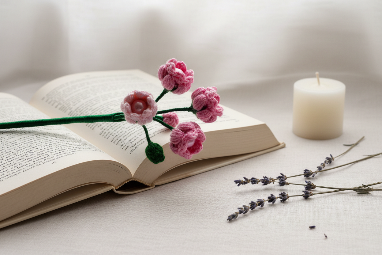 A pink handmade crochet flower stem with green leaves rests across an open book on a light surface, with a white candle and dried lavender sprigs nearby in a softly lit setting.