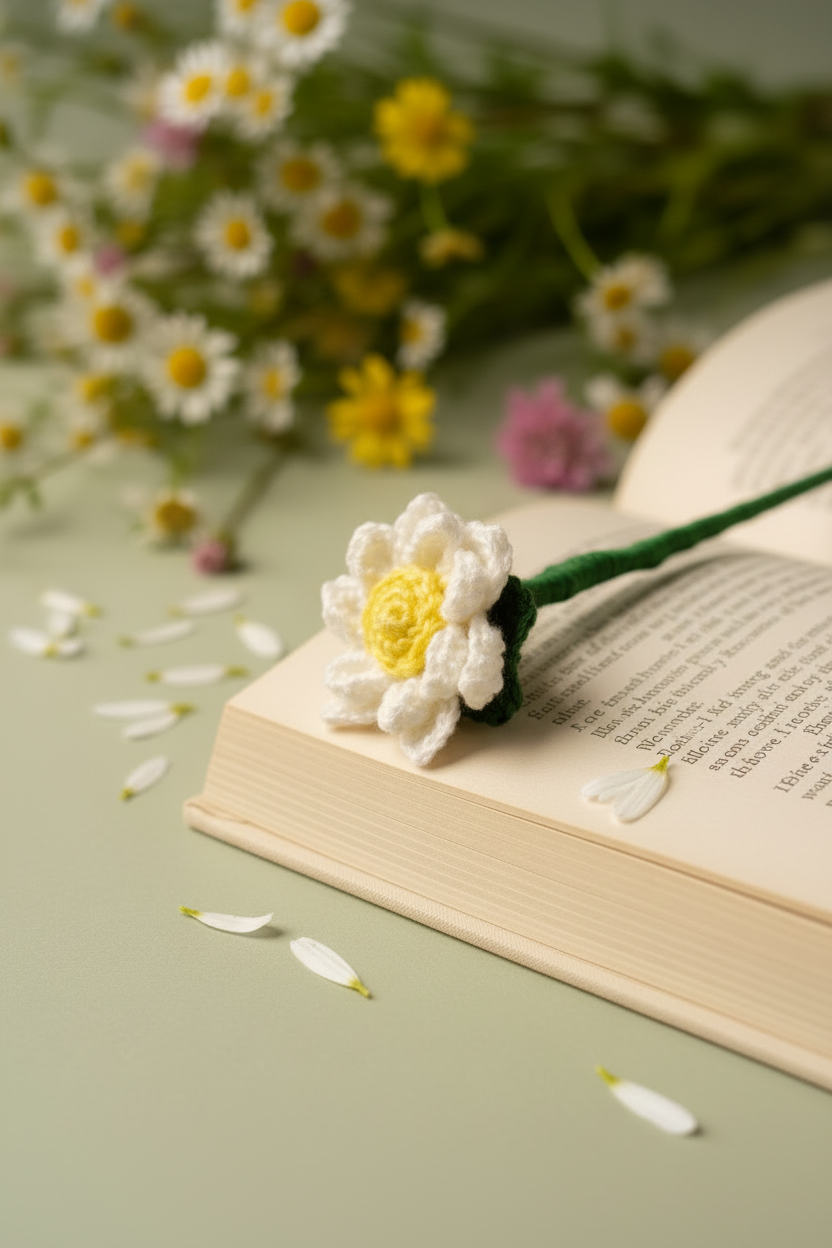 A handmade crocheted daisy bookmark with a white flower and yellow center rests on an open book, with blurred daisies in the background on a soft sage green surface.