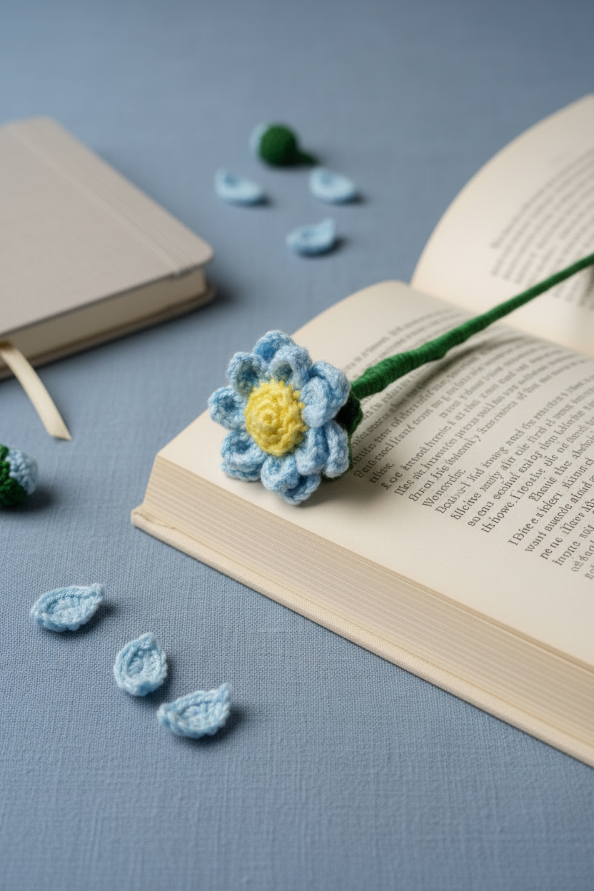 A crocheted flower bookmark with light blue petals, a yellow center, and a green stem rests on an open book. The scene is styled with a closed book, small blue flower pieces, and a blue-gray textured background.