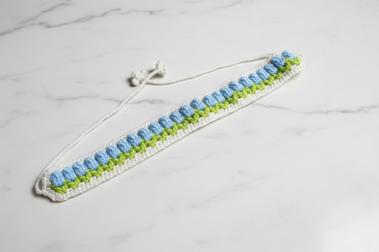 A handmade crochet strap with a white base, featuring rows of light blue and lime green textured stitches, finished with a white adjustable cord and toggle clasp, displayed on a white marble surface.