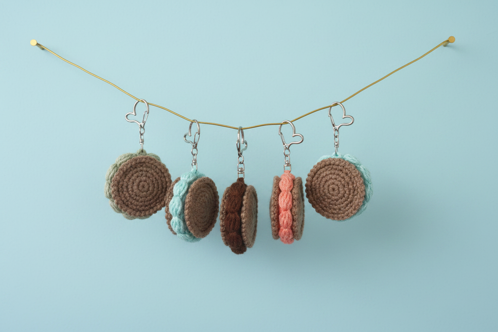 A set of crochet earrings shaped like sandwich cookies, hanging from a gold-colored wire garland against a solid light blue background.