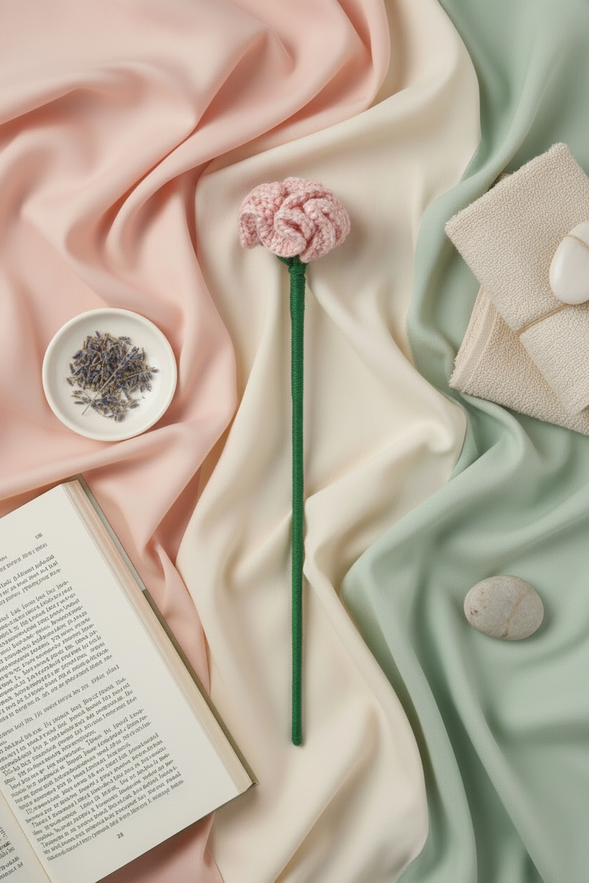 A styled flat-lay featuring a single pink knitted flower stem with a green stem, arranged on draped pastel pink, cream, and mint green fabrics with an open book, a small dish of dried lavender, and folded cream towels.