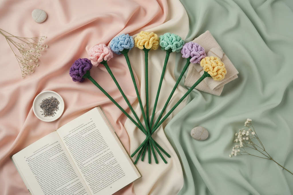 Seven knitted brain-shaped flower stems in pastel colors are arranged on draped pink and sage green fabric with an open book, small stones, and dried flowers as props.