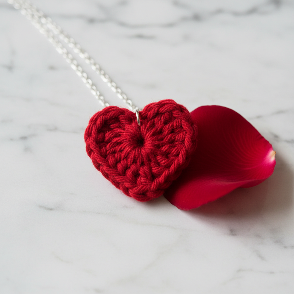 Red heart-shaped crocheted pendant on a chain with a red rose petal on a marble background