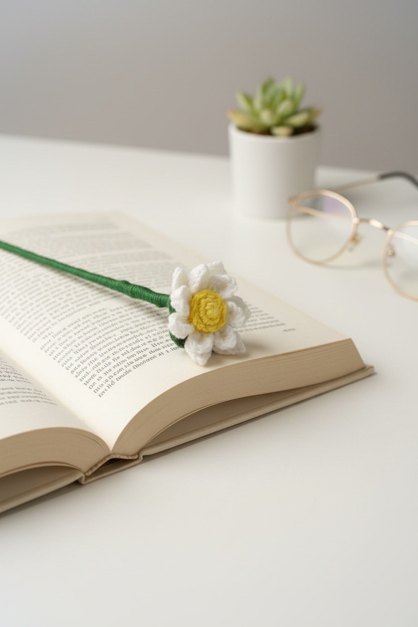 A white fabric flower bookmark with a yellow center and green stem rests on an open book on a white desk, with a small potted succulent and eyeglasses blurred in the background.
