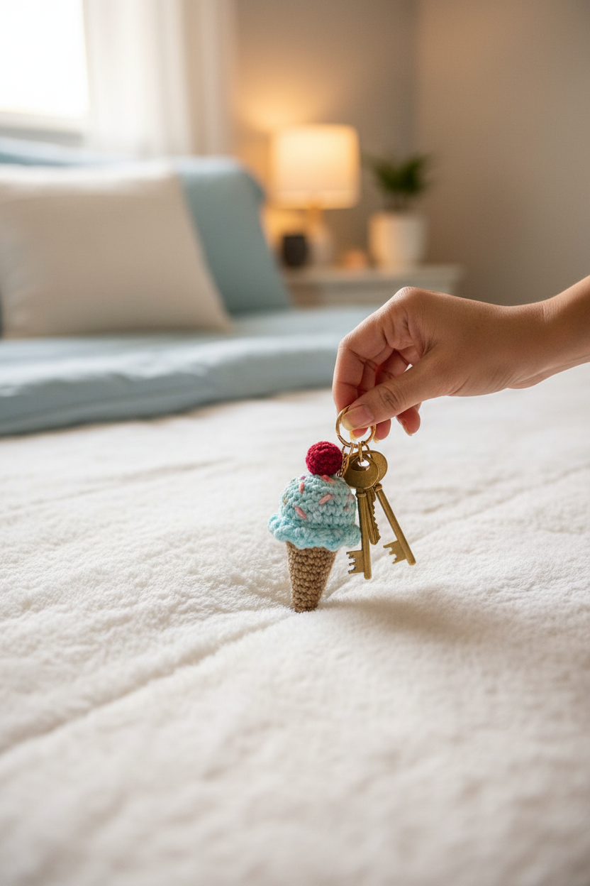 A hand holds a crochet ice cream cone keychain with gold keys on a white textured blanket in a softly lit bedroom.