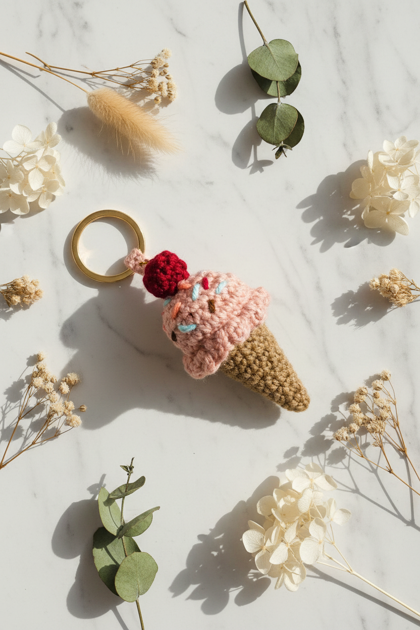 A crocheted ice cream cone keychain with pink and beige swirls, a red cherry, and a gold ring, styled on a white marble surface with dried flowers and green leaves.