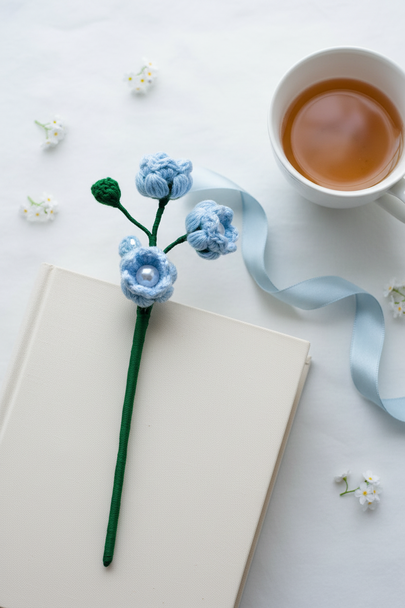 A handmade crochet flower bookmark with light blue blossoms and a green stem rests on an off-white book, styled with a cup of tea, a light blue ribbon, and small white flowers on a white background.