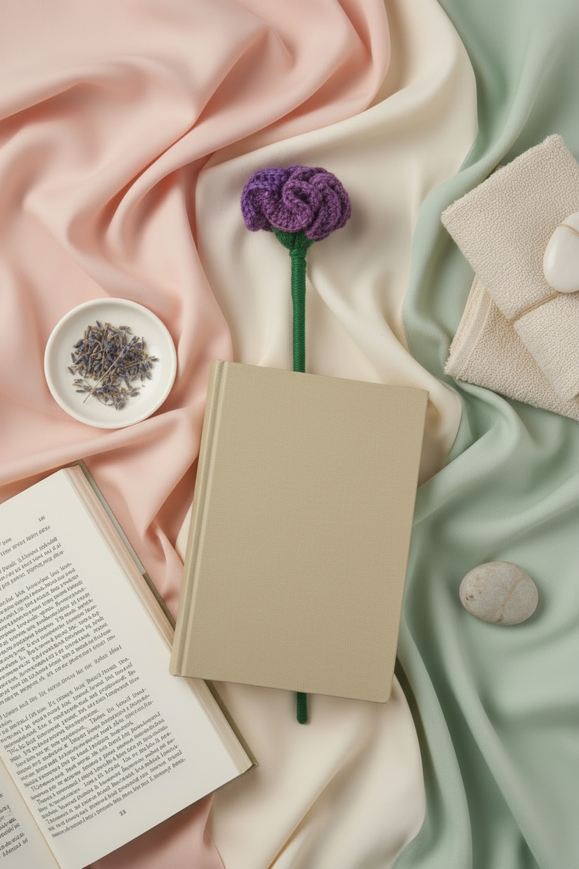 A styled flat-lay featuring a blank beige hardcover notebook with a purple knitted flower stem inserted in it, surrounded by soft draped satin fabrics in blush pink, cream, and mint green, an open book, a small dish of dried lavender, and folded cream towels.