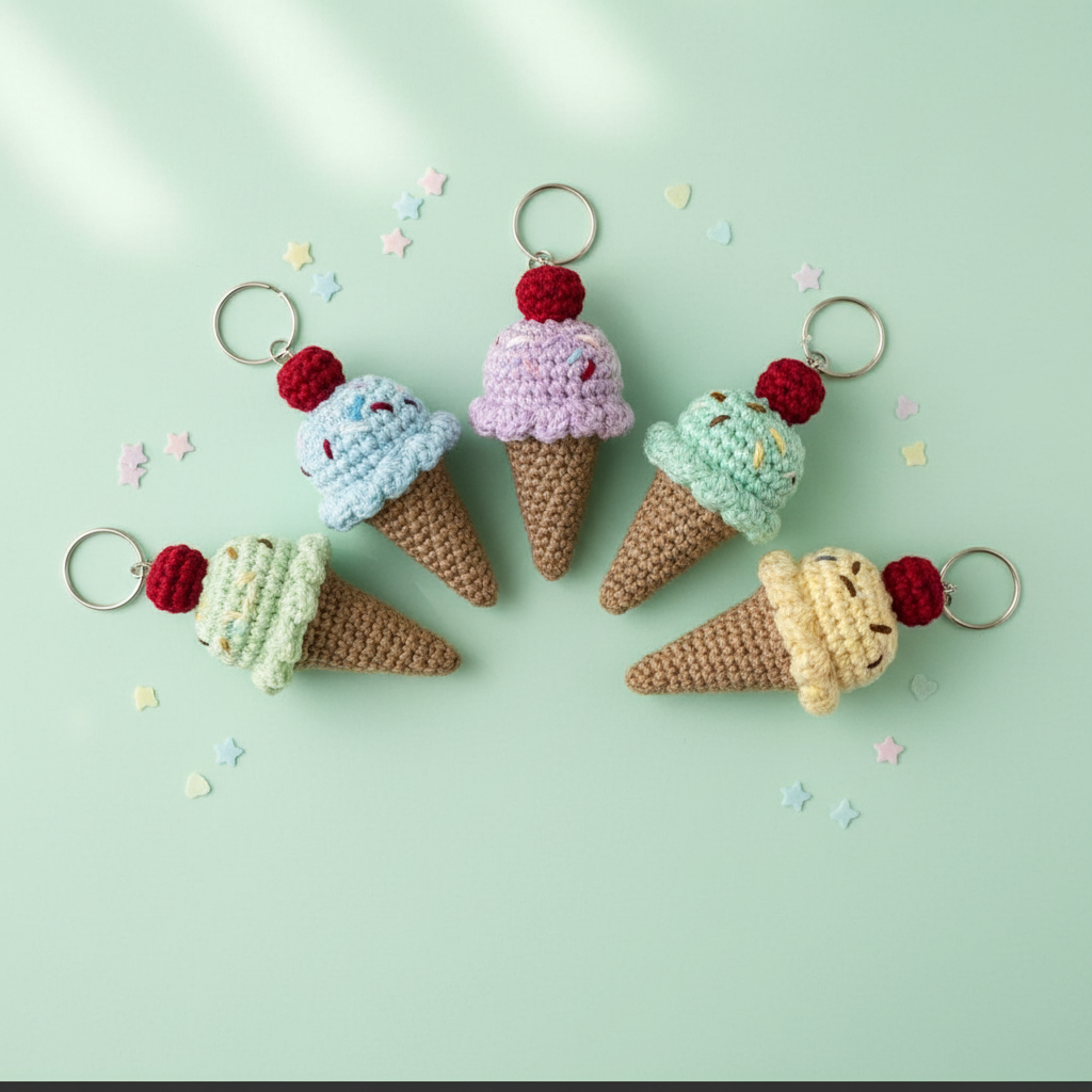 Five crocheted ice cream cone keychains in pastel colors arranged on a mint green background with small star confetti. Each keychain has a metal key ring and a red cherry on top.