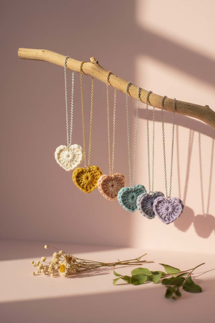 Five crocheted heart-shaped pendant necklaces in pastel colors hang from a natural wooden branch. The necklaces are displayed against a soft pink background with warm sunlight casting shadows, and dried flowers are placed on the surface below.