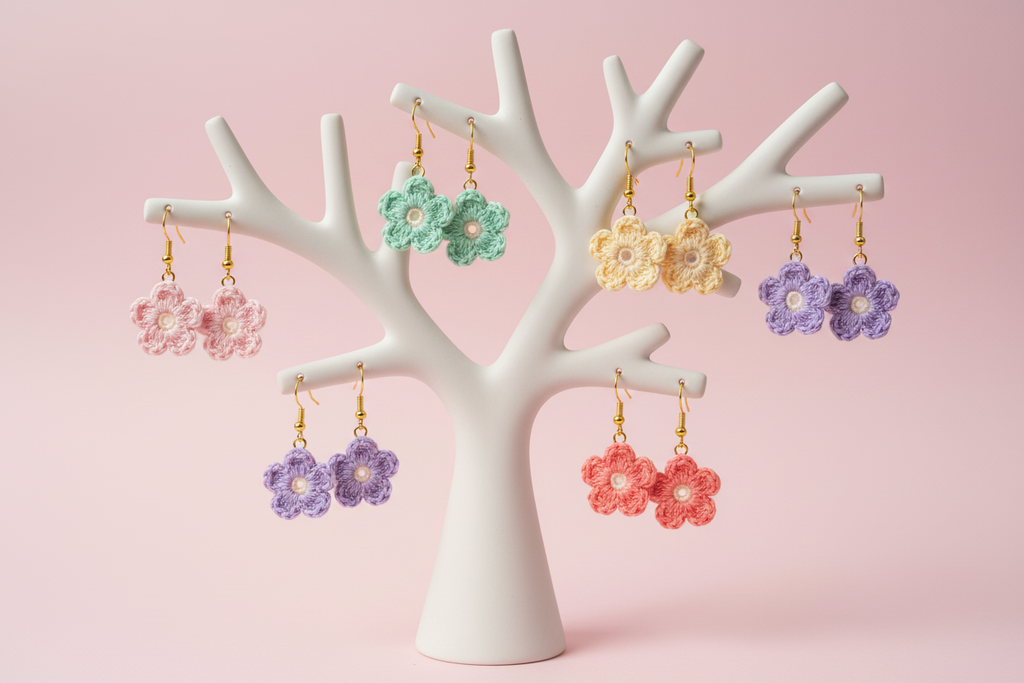 A white tree-shaped jewelry display stand holding six pairs of crocheted flower earrings in pastel pink, mint green, pale yellow, lavender, coral red, and purple, set against a soft pink background.