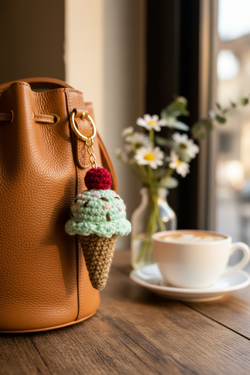 A brown pebbled leather bucket bag on a wooden table next to a white coffee cup and a small vase of daisies, featuring a crocheted ice cream cone keychain hanging from the bag.