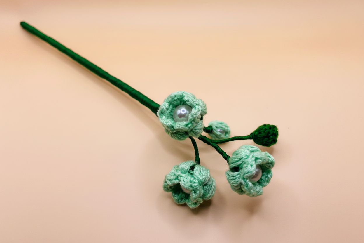 A green crocheted floral hair accessory with three textured flower clusters, one featuring a small pearl-like center, attached to a long dark green stem, shown on a solid beige background.