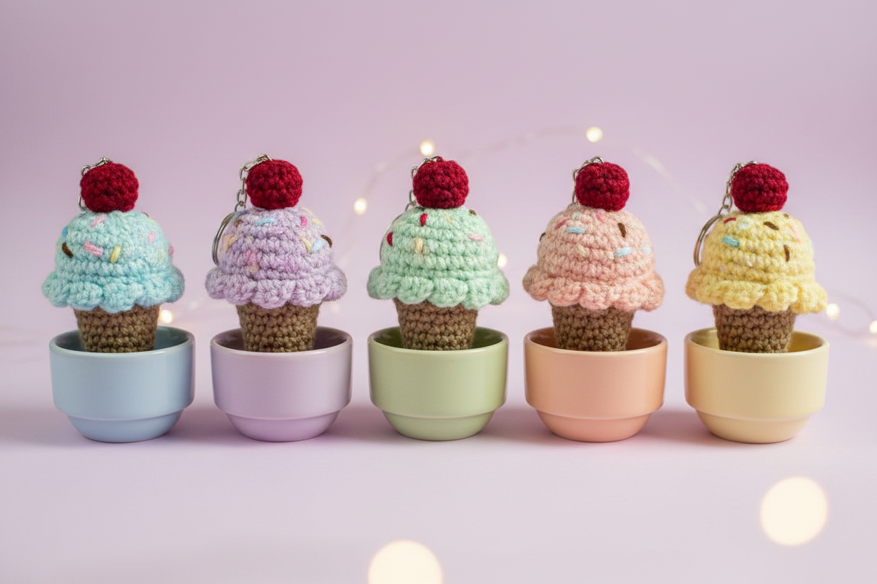 Five crocheted cupcake keychains in pastel colors, each sitting in a small matching cup-shaped holder against a soft pink background with warm string lights.