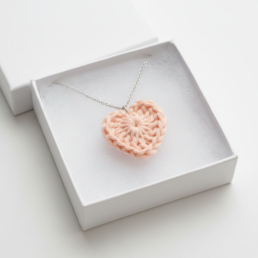 Crocheted heart-shaped pendant on a chain in a white box
