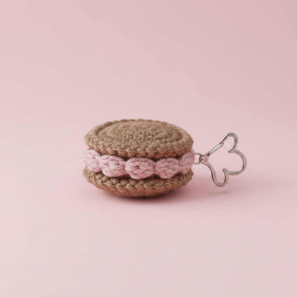 A crocheted macaron keychain featuring a tan and brown body with a pink cream filling and a silver metal clasp, set against a solid light pink background.