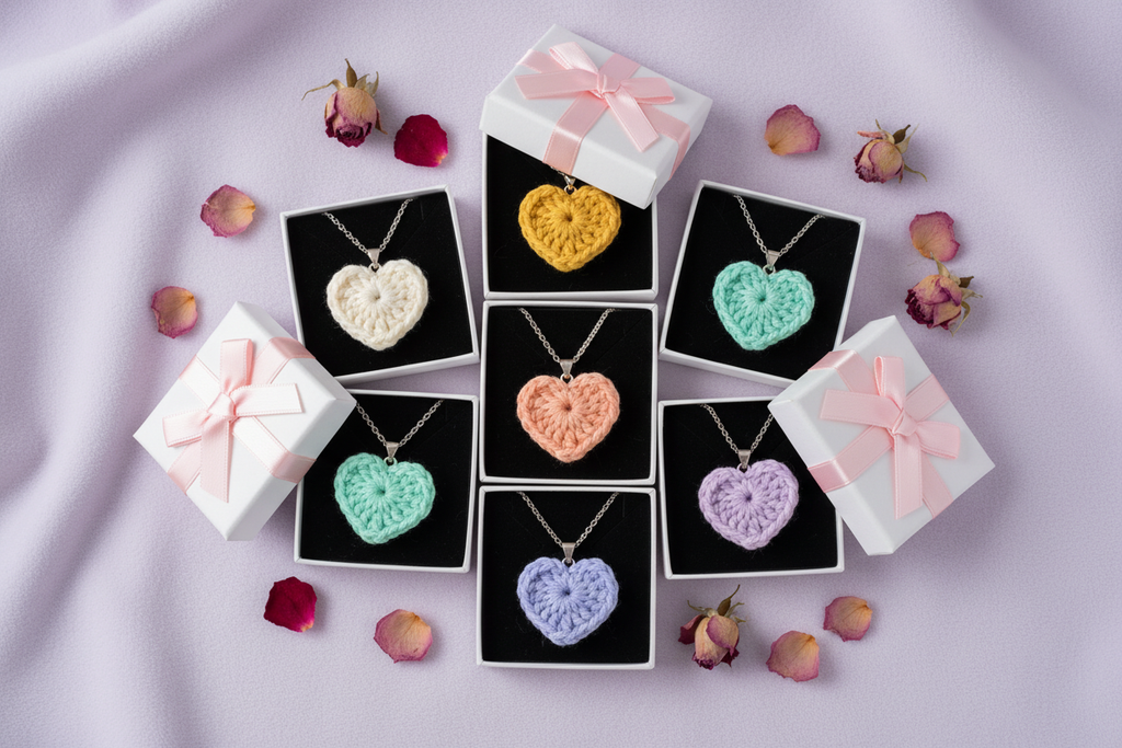 Six heart-shaped crochet pendant necklaces in pastel colors, each displayed in an open black jewelry box with a white gift box and pink ribbon on a light lavender fabric background, surrounded by scattered rose petals.