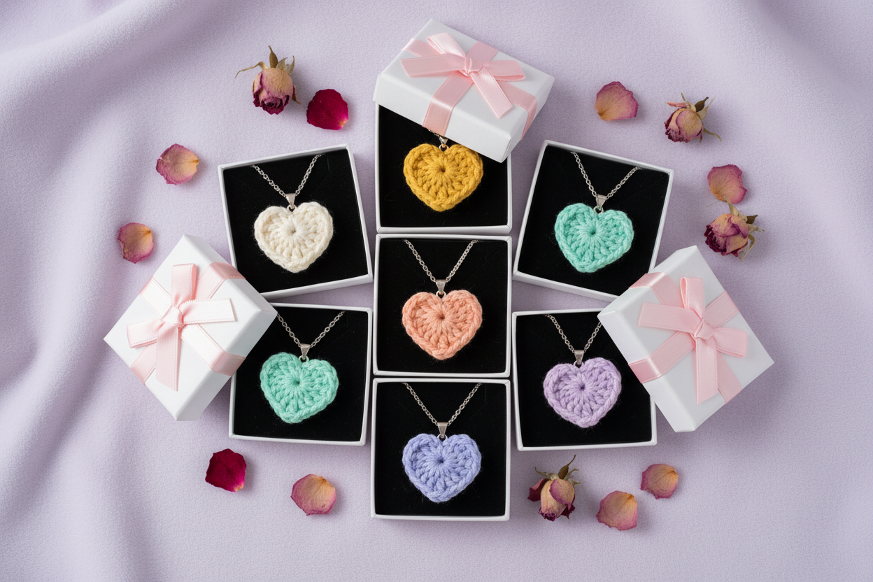 Six heart-shaped crochet pendant necklaces in pastel colors, each displayed in an open black jewelry box with a white gift box and pink ribbon on a light lavender fabric background, surrounded by scattered rose petals.