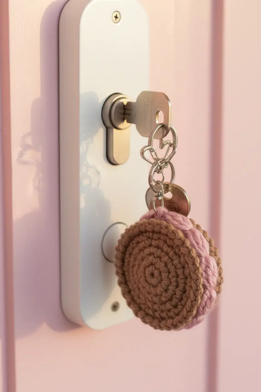 A close-up of a pink door with a white lockset and key, featuring a small crocheted keychain in brown and pink hanging from the keyhole.