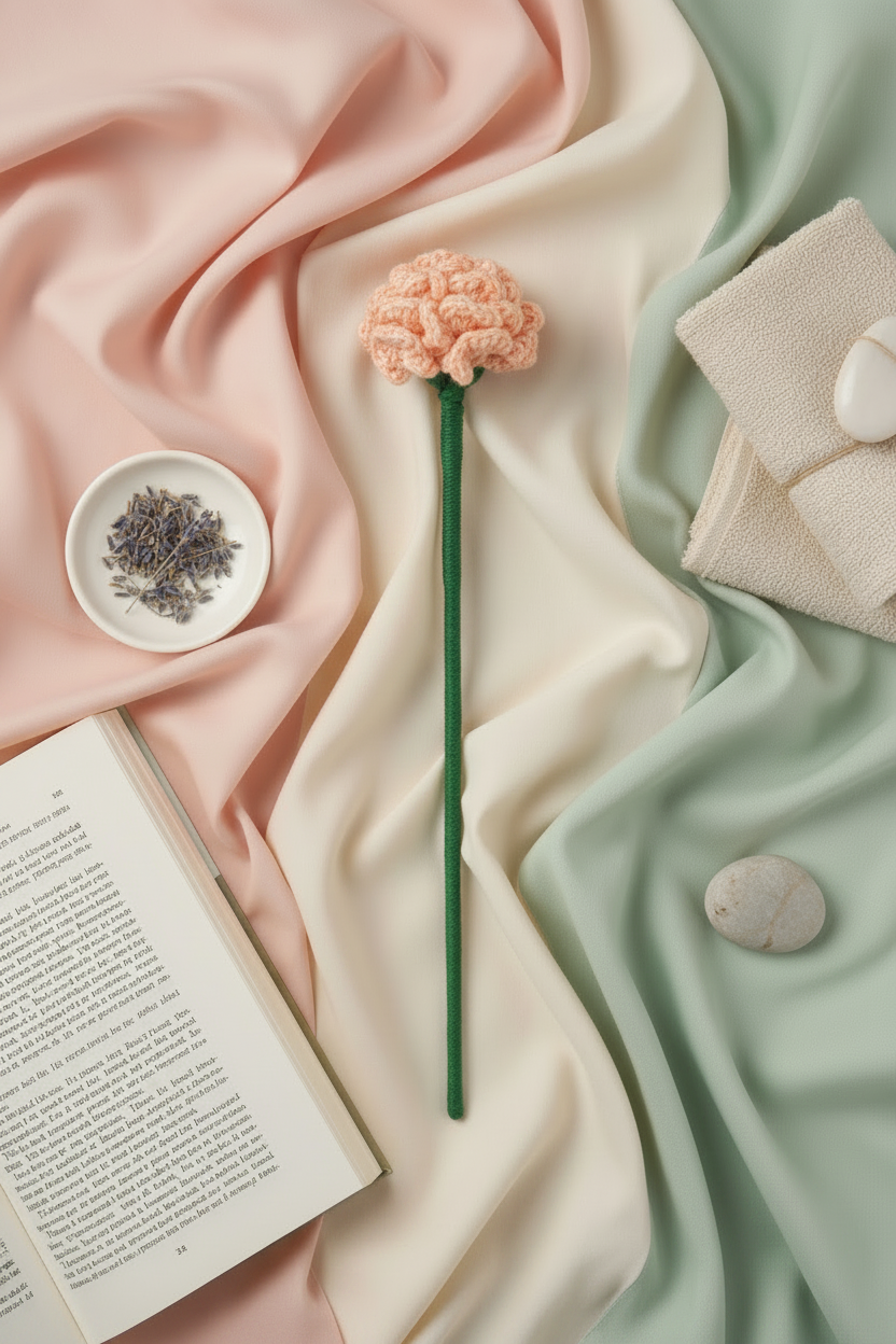 A styled flat-lay featuring a pink knitted brain-shaped hair scrunchie on a green stem, arranged on draped pastel pink, cream, and mint green fabrics with an open book, a small dish of lavender, and folded towels.
