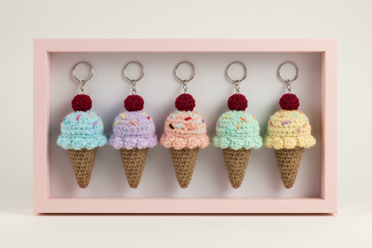 Five crocheted ice cream cone keychains in pastel colors displayed inside a light pink rectangular frame against a plain light background.