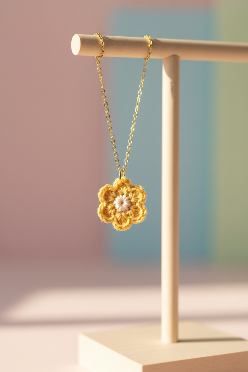 A gold flower-shaped pendant necklace with a white pearl center, hanging from a gold chain on a light wood display stand against a soft pastel background.