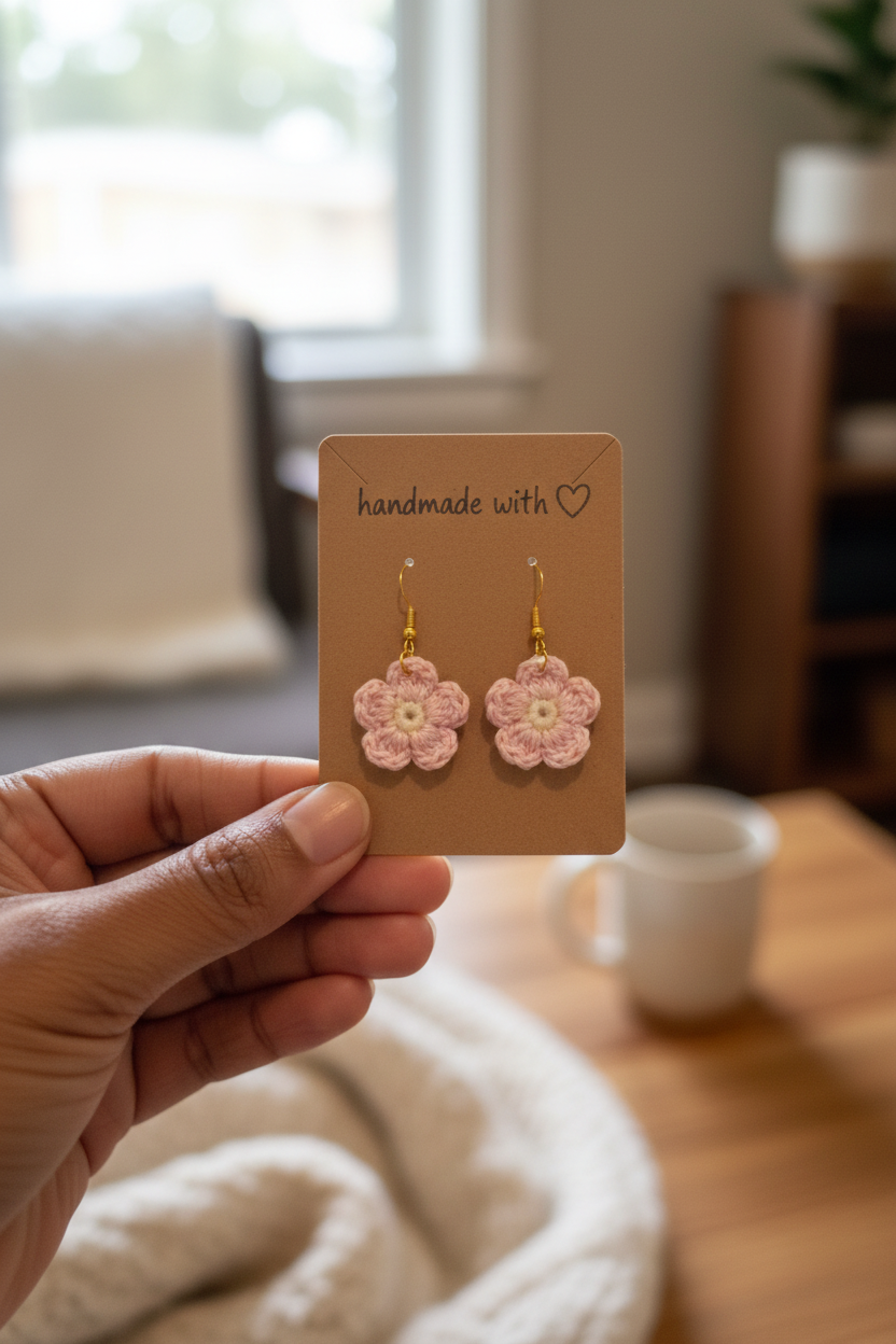 Handmade flower earrings on a card held by a hand with a blurred indoor background