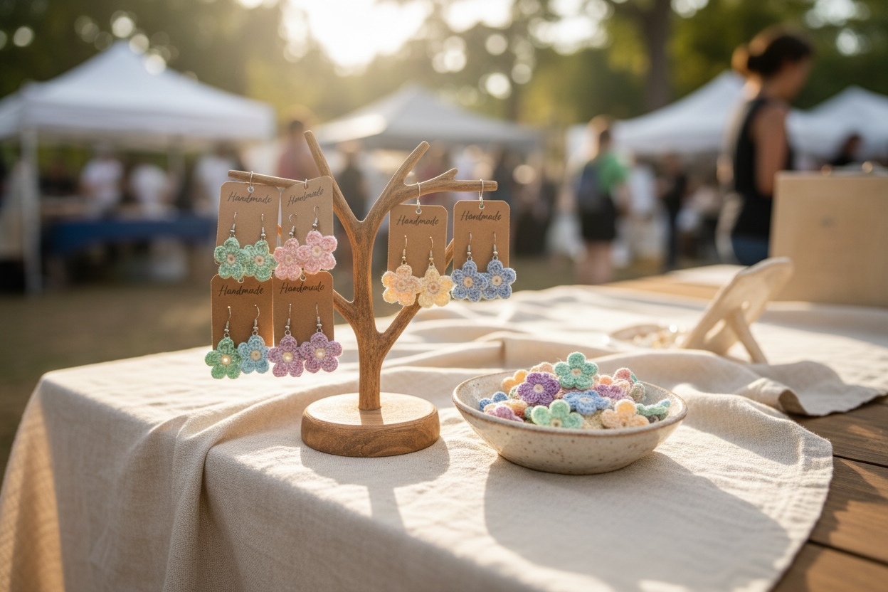 Pastel flower-shaped earrings displayed on a small wooden stand and a bowl, set on a tablecloth at an outdoor market with blurred tents and people in the background.