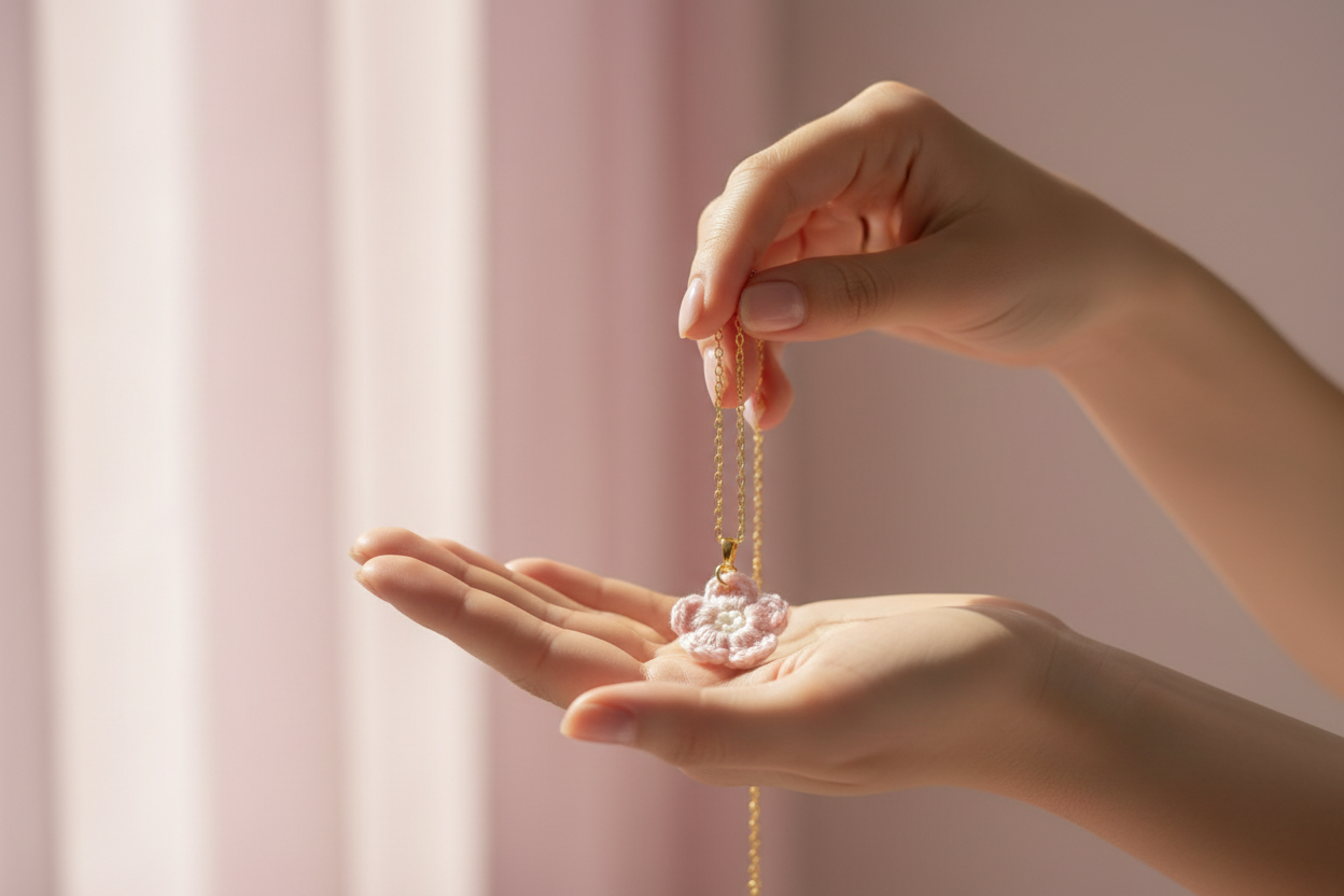 A close-up of a person's hands holding a delicate gold chain necklace with a small pink flower-shaped pendant over their open palm, set against a soft, light pink background.