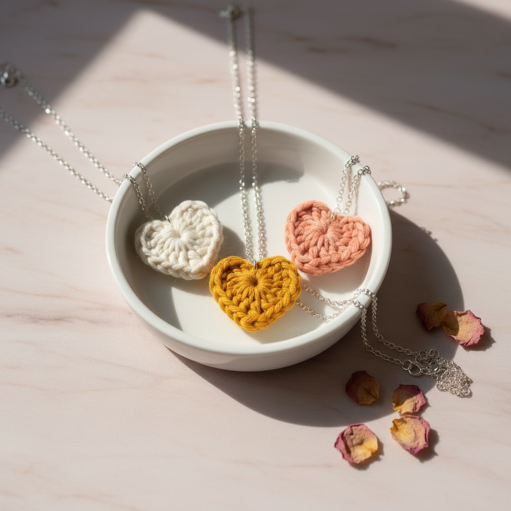 Three crocheted heart-shaped pendants in white, yellow, and pink, each on a silver chain, displayed in a small white bowl with dried rose petals on a light marble surface.