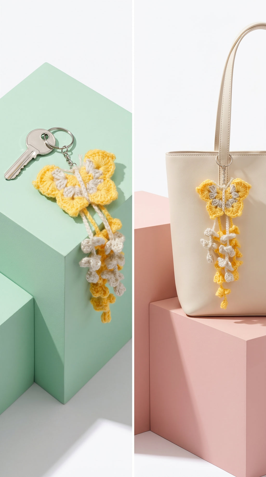 A split-screen product display featuring a yellow and white crocheted butterfly keychain with dangling floral charms on the left, and the matching keychain hanging from a cream tote bag on the right. Both are styled on pastel geometric blocks against a clean white background.