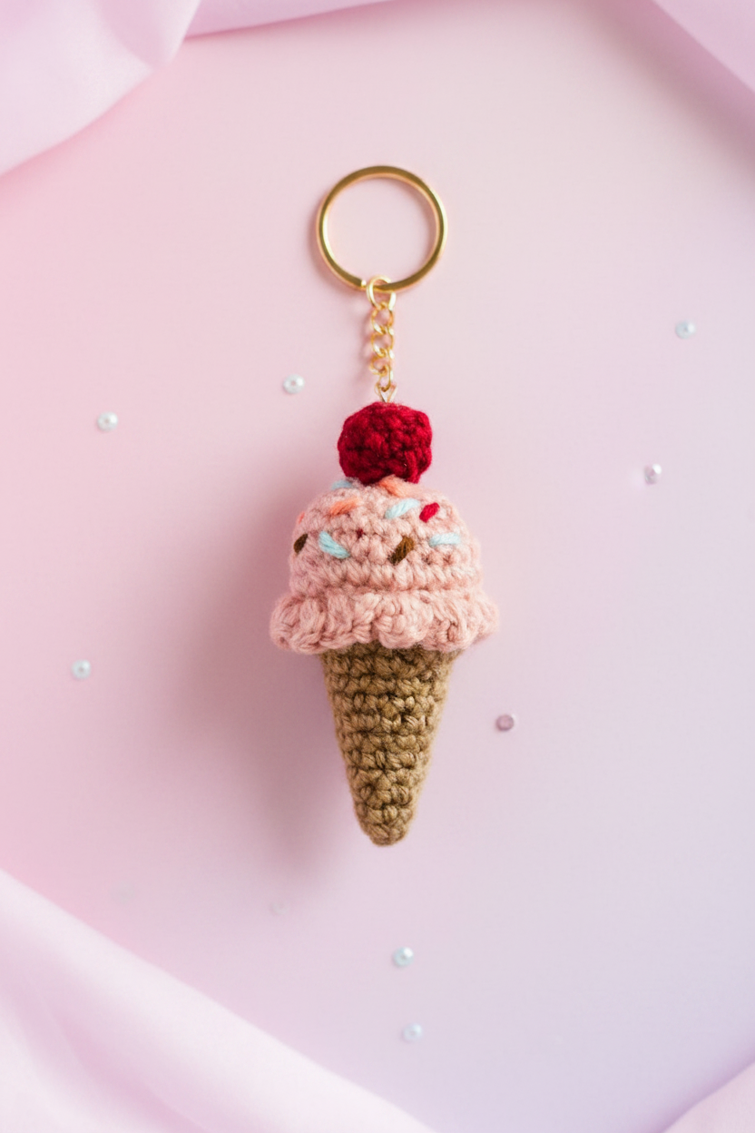 A crocheted ice cream cone keychain with a gold metal ring, featuring a pink textured scoop, a brown cone, a red cherry on top, and small embroidered sprinkles, displayed on a soft pink background.