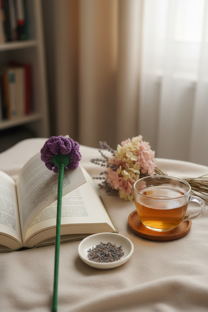 A cozy tabletop scene with an open book, a small dish of dried lavender, a glass cup of tea on a wooden coaster, and a purple knit flower stem in the foreground, set on a beige cloth with a softly blurred indoor background.