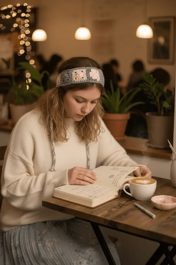A woman in a cozy cafe setting wearing a decorative knit headband with cartoon animal faces, reading a book at a wooden table with a cup of coffee.