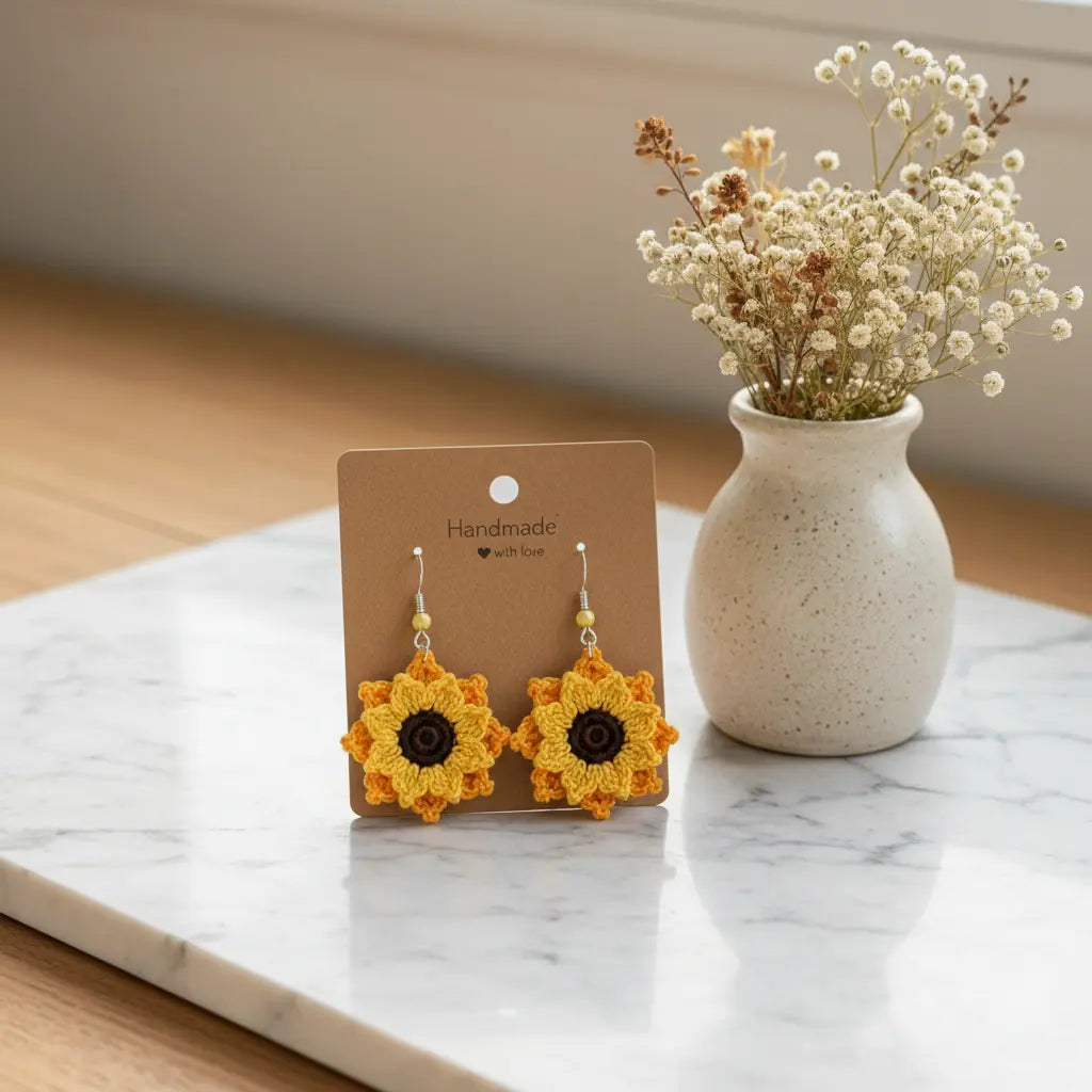 A pair of handmade crocheted sunflower dangle earrings on a brown display card, placed on a white marble tray next to a small speckled ceramic vase with dried white flowers.