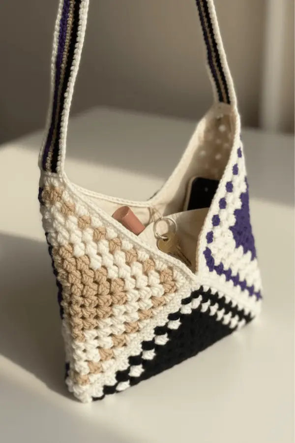 A handmade crochet shoulder bag with a geometric pattern in cream, beige, black, and purple, resting on a light-colored surface.