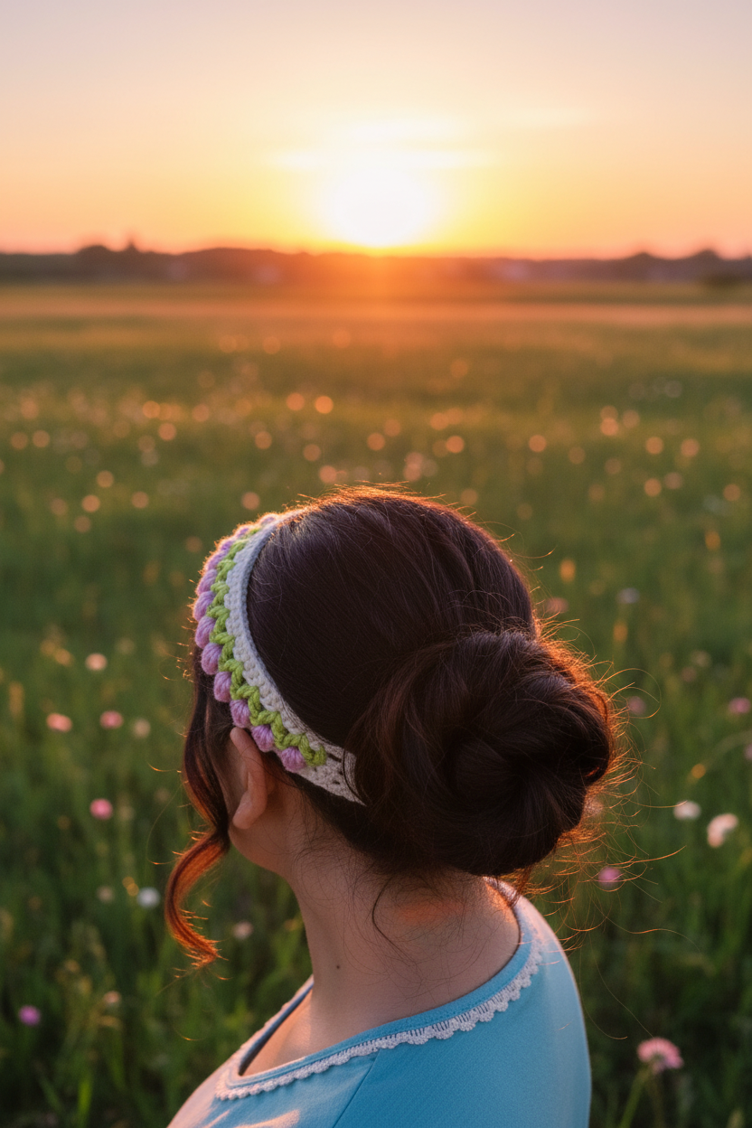 A woman seen from behind in a sunlit field, wearing a crocheted white headband with pink and green floral accents and a light blue top. The background shows a glowing sunset over the field.