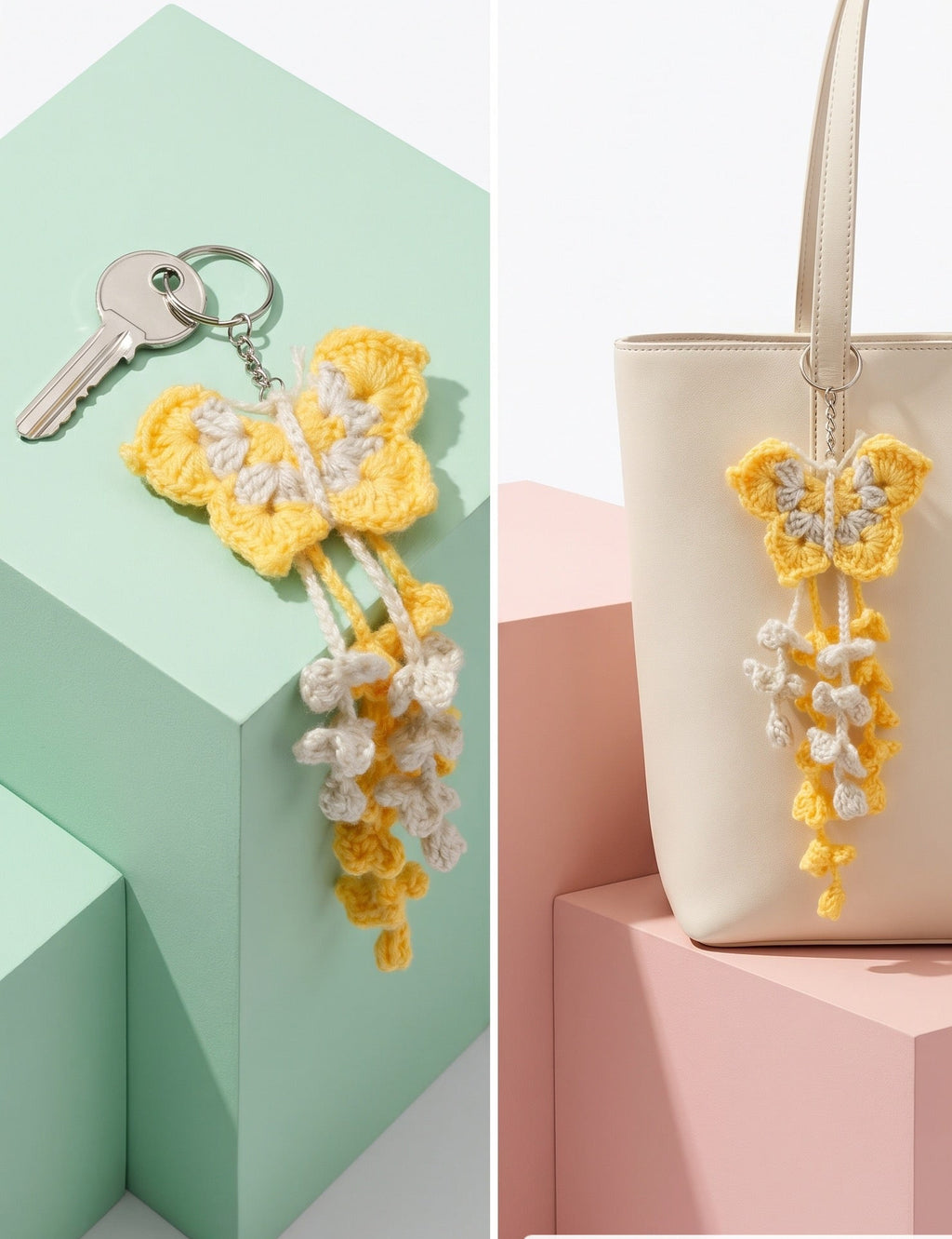A crocheted butterfly keychain with yellow, white, and light blue petals and dangling floral tassels, shown attached to a key on a mint display block and also hanging from a cream tote bag. The photo uses clean geometric props and studio lighting.