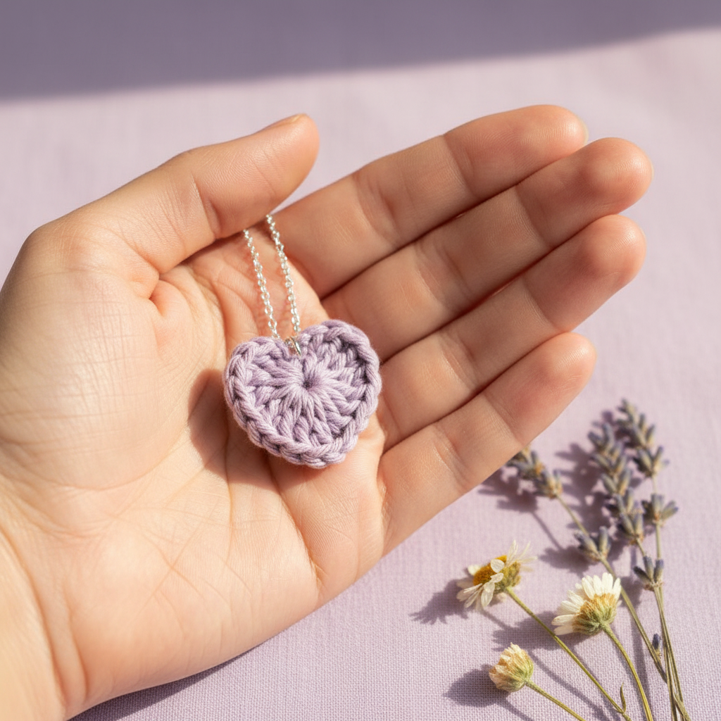 A lavender crocheted heart pendant necklace on a silver chain, held in a person's hand against a soft lavender background with dried flowers.
