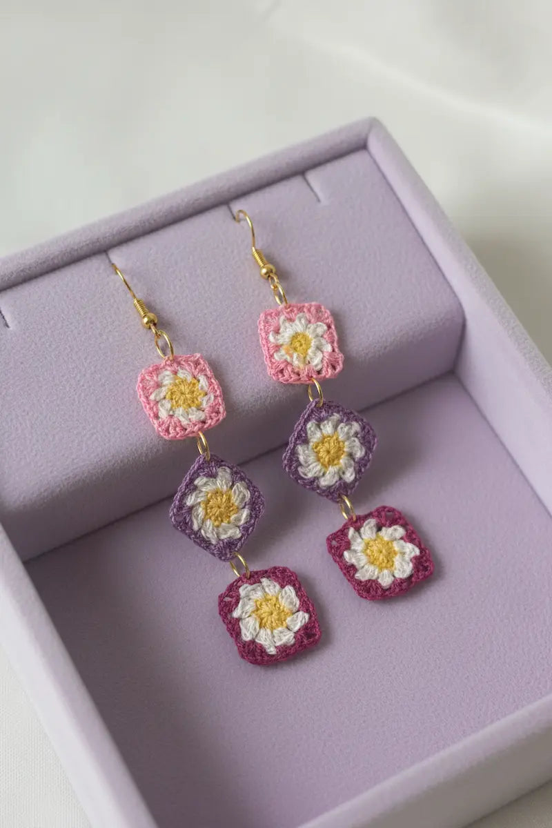 A pair of handmade crocheted daisy drop earrings with gold fishhook wires, resting inside a lavender jewelry box. The earrings feature three tiers of textured crochet squares in pink, purple, and magenta, each adorned with a white and yellow daisy flower.