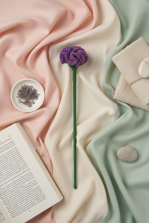 Purple flower on a green stem with a small dish of lavender buds, an open book, and a beige fabric background.