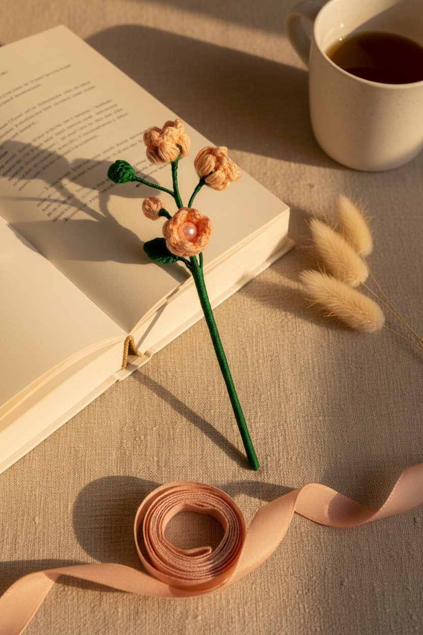 A handmade crocheted flower bookmark with peach-colored blossoms and a green stem rests on an open book. The scene is styled with a roll of peach ribbon, dried bunny tail grass, and a white mug of tea on a beige fabric surface.