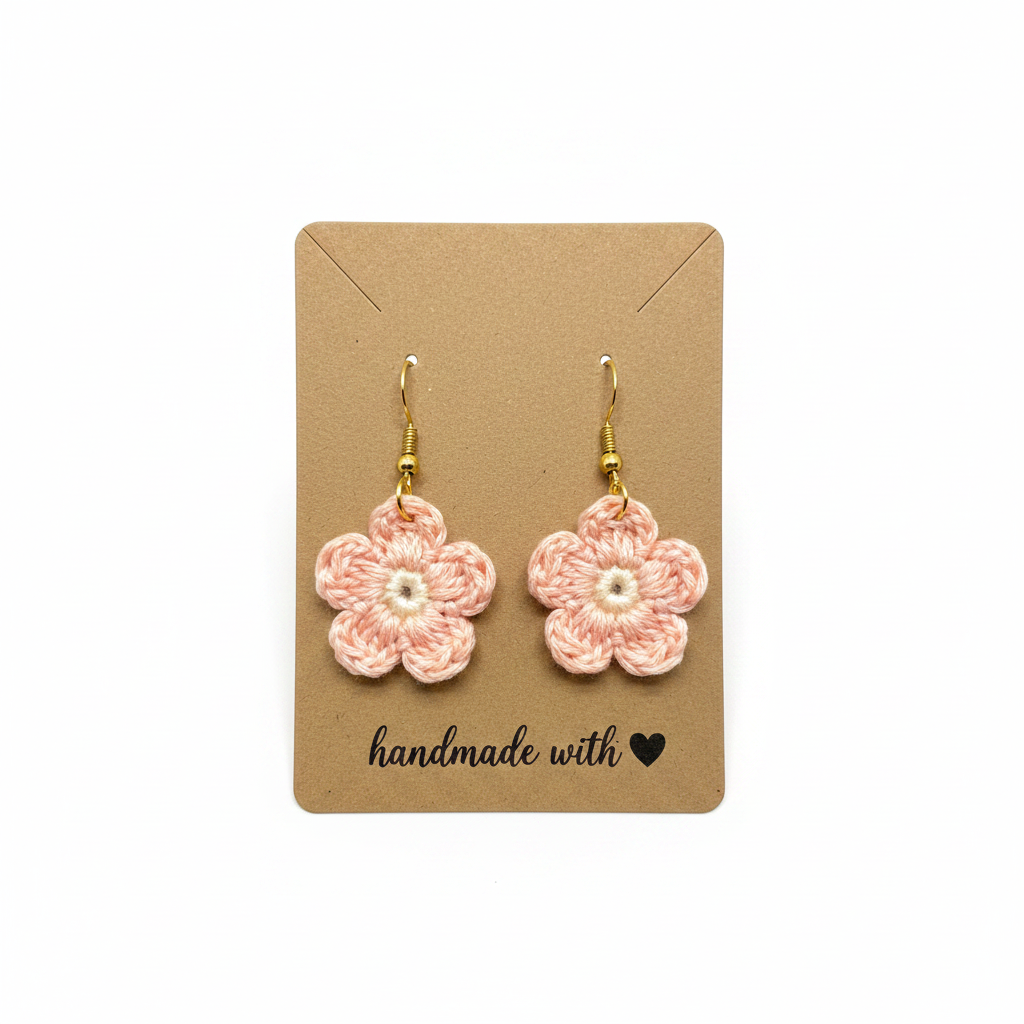 A pair of handmade crochet flower drop earrings in light pink with gold hooks, displayed on a brown kraft paper card that reads 'handmade with heart'.
