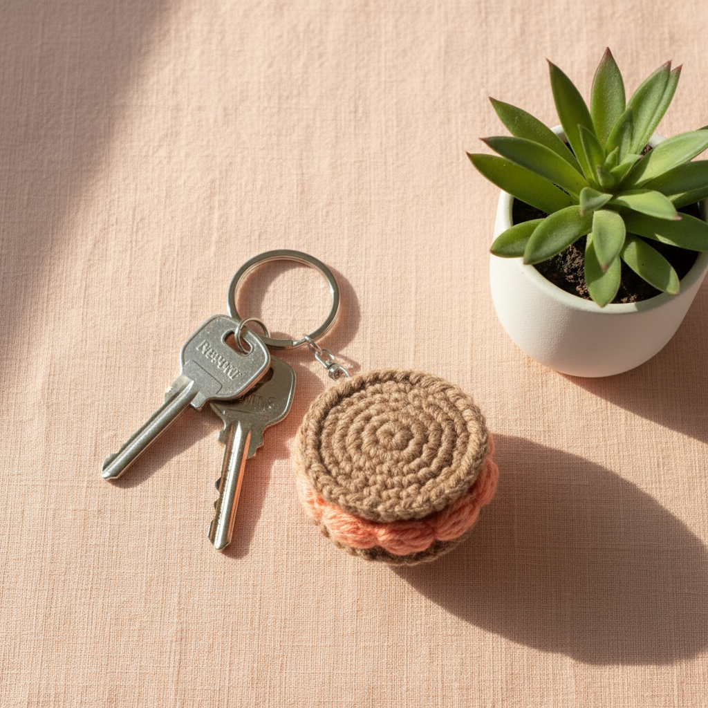 A crocheted keychain shaped like a sandwich cookie in beige and peach, attached to a metal key ring with two keys, placed on a pink textured surface next to a small potted succulent.