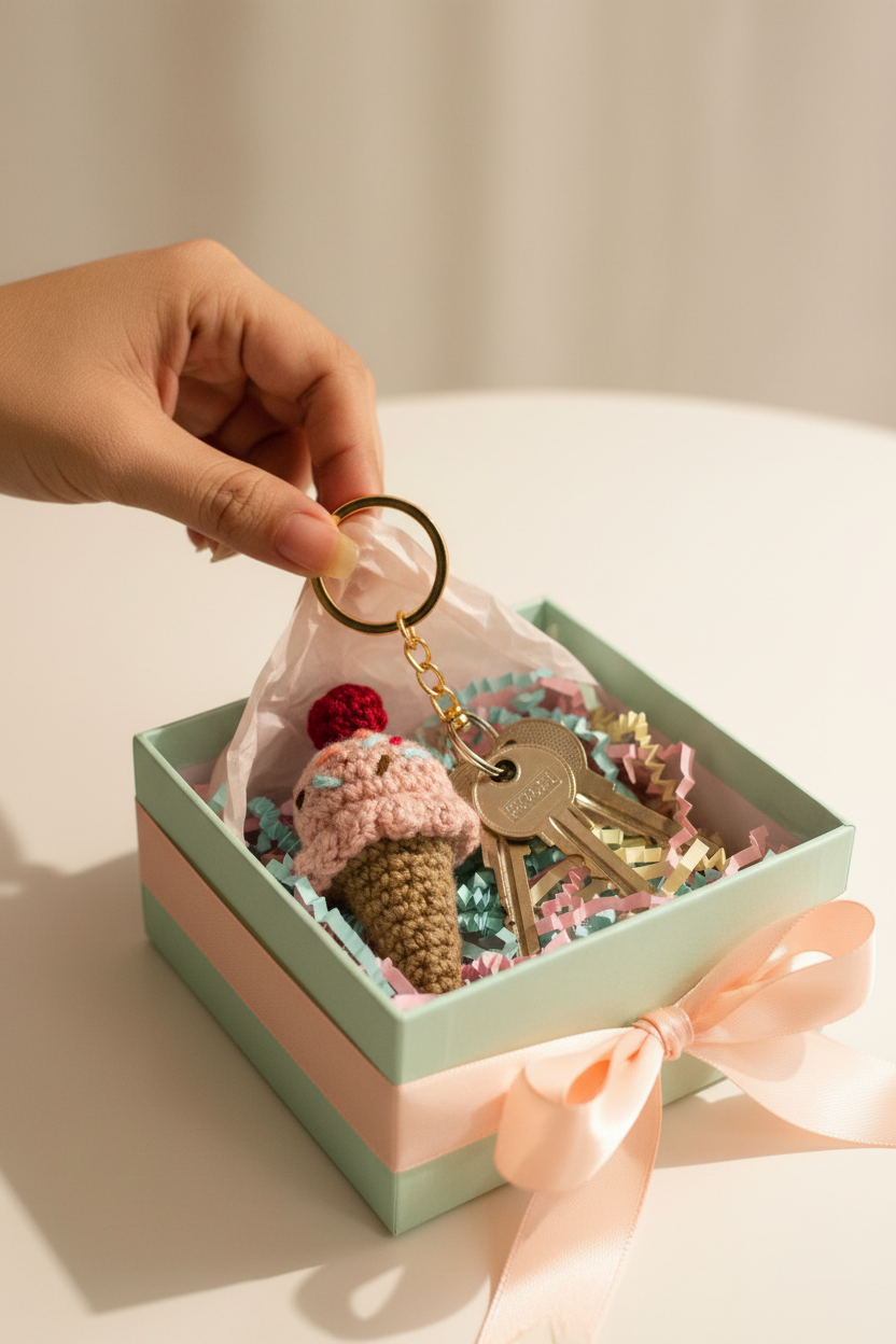 A hand holds a crochet ice cream cone keychain with metal keys inside a pastel green and pink gift box with shredded paper filler and a satin ribbon.