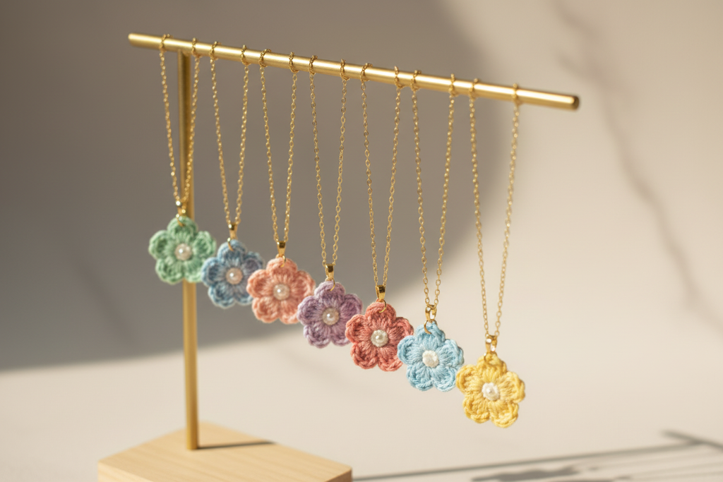 Six colorful crochet flower necklaces with pearl centers hang from a gold display stand against a warm beige background.