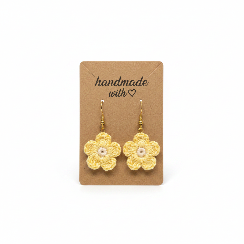 A pair of handmade yellow crocheted flower drop earrings with small white pearl-like centers and gold hooks, displayed on a brown kraft card that reads 'handmade with' against a white background.