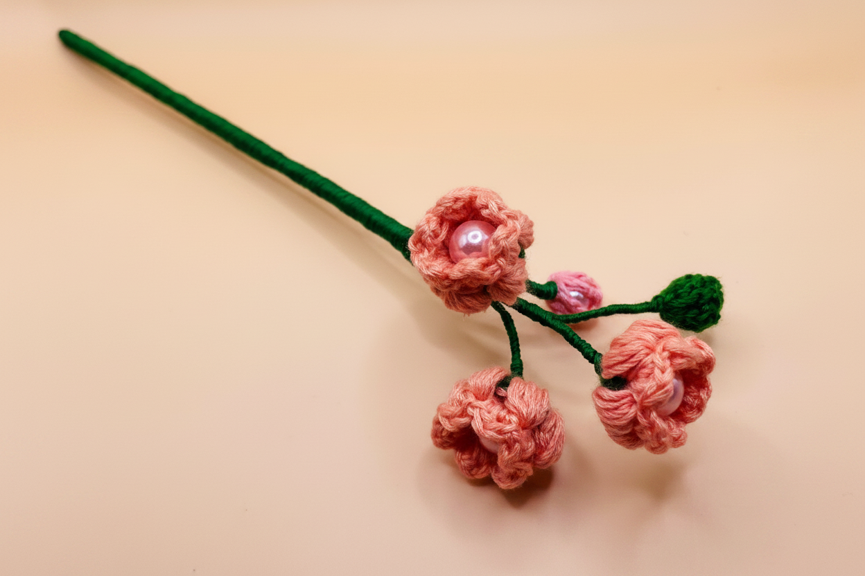 A handmade pink crocheted floral hair accessory with a green stem, three pink flower buds, and small pearl-like center accents, displayed on a light beige background.