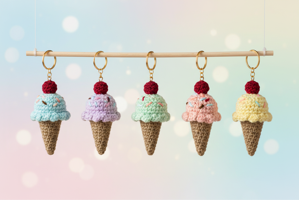Five crocheted ice cream cone earrings hang from a wooden rod against a soft pastel background with bokeh light effects. The cones are in light blue, lavender, mint green, pink, and pale yellow, each topped with a dark red cherry.
